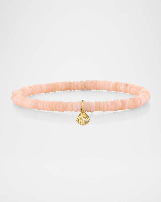 14K Tiny Clam Shell Diamond Charm on Pink Opal Bracelet